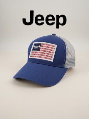 Jeep Trucker Hat American Flag Grille Patch Blue White Snapback Mesh Cap